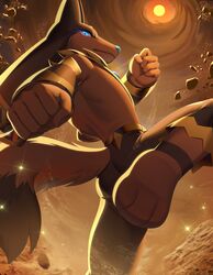  anthro anubis_(pal) ass back_muscles black_body black_fur blue_eyes brown_body brown_fur daimonkisora desert detailed_background fighting_pose fur hi_res kick looking_at_viewer male pal_(species) palworld pocketpair pose solo  rating:safe score: user:bot