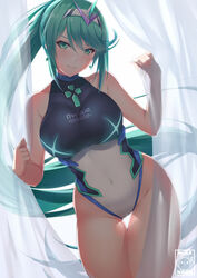 1girls aqua_eyes aqua_hair artist_name bangs blush breasts covered_navel cowboy_shot curtain_grab curtains earrings eyebrows_visible_through_hair female female_focus gainoob gem hair_ornament headpiece jewelry large_breasts leotard long_hair looking_at_viewer matching_hair/eyes nintendo one-piece_swimsuit pneuma ponytail sidelocks smile solo standing swept_bangs swimsuit thigh_gap tiara very_long_hair xenoblade_(series) xenoblade_chronicles_2 rating:Questionable score:167 user:darkmetaknight9