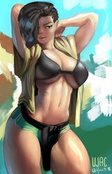 1girls alternate_costume arms_up asymmetrical_hair belt black_belt black_bikini_top breasts brown_eyes capcom cleavage cornrows dark_skin day female green_shorts hair_over_one_eye large_breasts latina laura_matsuda lips long_hair navel nose open_clothes ribs short_shorts shorts solo stomach street_fighter street_fighter_v thick_thighs thighs toned ujac underboob wide_hips rating:Questionable score:126 user:TwinkieLord