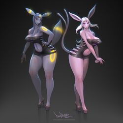 2girls abs anthro anthrofied big_breasts breasts canine cleavage dress erect_nipples espeon eye_contact feline female female_only furry half-closed_eyes high_heels humanoidized large_breasts looking_at_viewer nintendo nipples original_character patreon pinkdrawz platform_heels pokemon pokemon_gsc text thick_thighs umbreon url watermark wide_hips rating:Questionable score:143 user:justausername