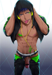 1boy abs artist_signature balls ballsack bar_censor black_hair blue_hair briefs cachic crotch daiki_aomine dark_skin foreskin fully_retracted_foreskin headphones intact kuroko_no_basuke male male_focus male_nipples male_only male_pubic_hair masculine muscular muscular_male nipple_tape nipples open_shirt pants penis penis_out scrotum solo_male testicles tongue tongue_out towel uncut underwear underwear_aside veiny_penis rating:Explicit score:58 user:Pastel__Hentai