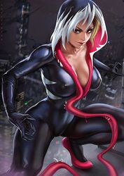 1girls abs alien ballet_shoes big_breasts blonde_hair breasts cleavage dandon_fuga dark_persona erect_nipples eyebrow_piercing female female_only gwen_stacy gwen_stacy_(spider-verse) gwenom hood hood_up hooded_jacket jacket large_breasts long_tongue looking_at_viewer makeup marvel mascara piercing red_eyes she-venom short_hair solo spider-gwen spider-man_(series) symbiote venom rating:Questionable score:200 user:justausername