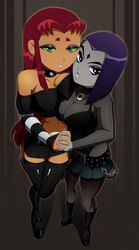 2girls alternate_breast_size big_breasts boots breasts choker cleavage dc dc_comics female female_only fishnets goth holding_hands hourglass_figure large_breasts lesbian looking_at_viewer miniskirt rachel_roth raven_(dc) ravenravenraven side_hug starfire teen_titans thighhighs yuri rating:Questionable score:323 user:justausername