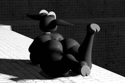  3d_(artwork) absurd_res ass ass_up big_butt black_body black_fur black_goat_(inscryption) bovid bovine caprine digital_media_(artwork) female fur goat hi_res hooves horn huge_filesize inscryption male mammal monochrome nabito_dan pool solo thick_thighs  rating:questionable score: user:bot