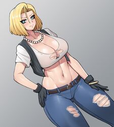 1girls android_18 big_breasts blonde_hair blue_eyes blush cleavage clothing digital_media_(artwork) donburikazoku dragon_ball dragon_ball_super dragon_ball_z eyelashes female female_focus female_only gloves hand_on_hip huge_breasts jeans large_breasts light_skin looking_at_viewer navel necklace pose posing short_hair simple_background solo solo_female solo_focus standing thick_thighs thighs tight_clothing tight_fit torn_clothes torn_jeans torn_pants torn_shirt rating:Explicit score:275 user:phoenixeugene