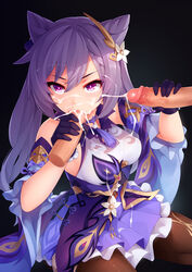 1girls 2boys black_background cum cum_in_mouth cum_on_clothes cum_on_face cumshot disembodied_penis female_focus genshin_impact keqing_(genshin_impact) kerasu penis purple_eyes purple_hair ricegnat tagme threesome twintails rating:Explicit score:218 user:bot