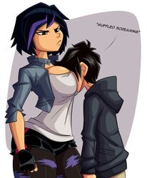 1boy angry big_breasts big_hero_6 black_hair breasts brown_eyes busty cleavage clothing disney eyelashes eyeshadow face_in_breasts female fingerless_gloves gogo_tomago head_between_breasts hiro_hamada hourglass_figure jacket large_breasts male marvel marvel_comics pantyhose purple_hair ravenravenraven sad short_hair short_shorts size_difference sleeves_rolled_up smaller_male standing t-shirt tagme two_tone_hair unseen_male_face wide_hips rating:Explicit score:413 user:Zardauz