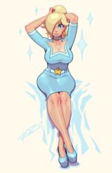 1girls alternate_costume arms_up belt big_breasts bimbo blonde_hair blue_dress blue_eyes breasts cleavage dress earrings female female_only full_body hair_over_one_eye heels high_heels looking_at_viewer mario_(series) negarobo nintendo ponytail princess_rosalina simple_background sitting smile solo thick_thighs tied_hair tight_clothing white_background rating:Questionable score:264 user:AgentDon202