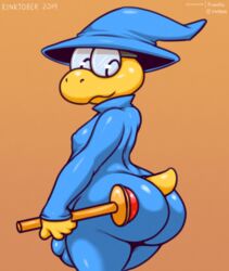 2019 anthro ass big_butt blue_clothing bulge clothing eyewear frumples girly glasses holding_object kamek koopa male male_only mario_(series) nintendo reptile scalie simple_background solo spandex teapot_(body_type) tight_clothing video_games wand yellow_body yellow_skin rating:Explicit score:35 user:bot