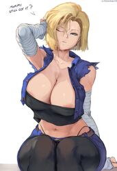 1girls 2d android android_18 areola_slip areolae armpits artist_name blonde blonde_hair blue_eyes breasts breasts_bigger_than_head cleavage cutesexyrobutts dialogue dragon_ball dragon_ball_z earring english_text female female_only huge_breasts human light-skinned_female light_skin looking_at_viewer milf one_eye_closed pale-skinned_female pale_skin plain_background short_hair shounen_jump simple_background solo text thick_thighs watermark white_background wide_hips rating:Explicit score:1110 user:Shandraaku