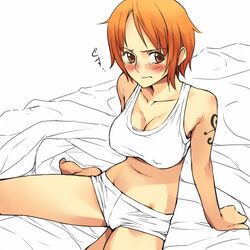 1girls barefoot blush boyshorts brown_eyes clothes color erect_nipples female female_only hair human midriff mosha nami one_piece orange_hair pointy_chin pre-timeskip short_hair sitting solo straight_hair tattoo work_in_progress rating:Questionable score:94 user:bot