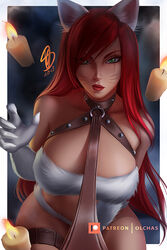 1girls big_breasts bondage breasts cat_ears cleavage collar elbow_gloves female female_only gloves green_eyes katarina_du_couteau kitty_cat_katarina large_breasts league_of_legends leash long_hair looking_at_viewer olchas red_hair red_lipstick solo tales_from_the_rift_series rating:Questionable score:292 user:justausername