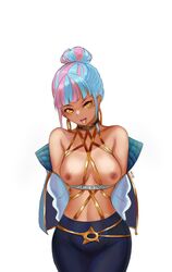 breasts hair_bun hoop_earrings league_of_legends medium_breasts multicolored_hair pants pd purple_eyeshadow qiyana_yunalai streaked_hair tongue tongue_out true_damage_qiyana true_damage_series yellow_eyes rating:Explicit score:138 user:NotATurtle