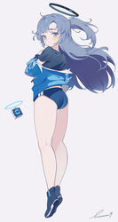  absurdres ass blue_archive blue_eyes blush buruma closed_mouth commentary female full_body grey_background gym_uniform halo highres jacket legs long_hair looking_at_viewer official_alternate_costume p1up1u parted_bangs ponytail purple_eyes purple_hair shirt shoes signature solo standing thighs very_long_hair white_background yuuka_(blue_archive) yuuka_(track)_(blue_archive)  rating:safe score: user:bot