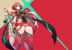 2girls blonde_hair bodysuit breasts cleavage cover cover_page covered_navel doujin_cover doujinshi dress dual_persona earrings fingerless_gloves gloves hair_ornament headpiece jewelry large_breasts long_hair looking_at_viewer multiple_girls mythra nintendo nuezou pauldrons pyra red_eyes red_hair red_shorts short_hair short_shorts shorts sidelocks skirt smile source_request thighhighs tiara very_long_hair wallpaper xenoblade_(series) xenoblade_chronicles_2 yellow_eyes rating:Questionable score:57 user:darkmetaknight9