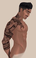  1boy abs anonelvenart arm_tattoo bara beauty_mark biceps black_hair dark-skinned_male dark_hair dark_skin dorian_pavus dragon_age dragon_age_inquisition facial_hair gay_male human looking_down mage male male_only mole moustache moustache muscles muscular muscular_male nipples occult_symbol pecs smile smiling solo solo_male tattoo tattoo_on_arm tattoos  rating:questionable score: user:priape