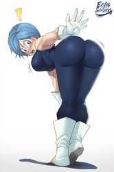 1girls ass bent_over big_ass blue_hair blush bodysuit boots bulma_briefs cosplay crossplay dat_ass dragon_ball dragon_ball_super dragon_ball_z echosaber embarrassed female female_only fully_clothed gloves milf skin_tight solo surprised vegeta_(cosplay) white_gloves rating:Questionable score:592 user:Unjadedjade