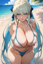  ai_generated beach bikini blue_eyes bombacopta fate/grand_order fate_(series) huge_breasts long_hair morgan_le_fay_(fate) thick_thighs  rating:explicit score: user:badeagle43