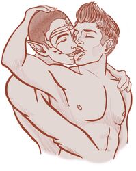  2boys abs anonelvenart bara biceps closed_eyes cuddling dorian_pavus dragon_age dragon_age_inquisition duo elf elf_ears elf_male face_tattoo facial_hair gay gay_male holding_partner human inquisitor_(dragon_age) kissing kissing looking_at_partner looking_pleasured mage male male/male male_only monochrome moustache moustache muscles muscular muscular_male nipples pecs pointy_ears shirtless smile smiling tattoo tattoos tongue tongue_out video_games yaoi  rating:explicit score: user:priape