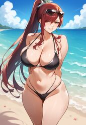  ai_generated beach bikini black_bikini bombacopta erza_scarlet fairy_tail grin hands_behind_back ponytail sunglasses_on_head  rating:explicit score: user:badeagle43