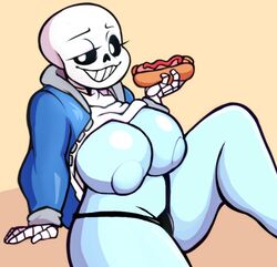 alternate_version_available animated_skeleton artist_request big_breasts black_panties blue_body blue_breasts blue_skin breasts deltarune ectobody ectobreasts eyelashes female female_focus female_only female_sans food genderswap genderswap_(mtf) hot_dog jacket large_breasts long_eyelashes no_bra rule_63 sans shirt_lift shirt_up skeleton smile smug sweater thick_thighs undertale rating:Explicit score:86 user:GonzoS3