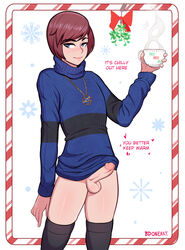 1boy balls bdone big_penis blue_eyes blush bottomless brown_hair christmas coffee english_text erection femboy girly legwear looking_at_viewer male male_focus male_only necklace no_panties penis pose posing short_hair simple_background solo standing steam sweater testicles text thick_thighs thighhighs trap white_background rating:Explicit score:280 user:justausername