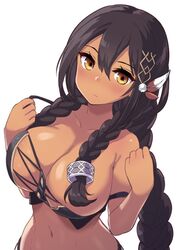 1girls azur_lane bangs bare_shoulders black_hair blush braid breasts brown_eyes cleavage closed_mouth crop_top dark-skinned_female dark_skin eyebrows_visible_through_hair feathers female hair_between_eyes hair_feathers head_tilt hori_(hori_no_su) large_breasts long_hair looking_at_viewer native_american navel simple_background solo south_dakota_(azur_lane) tied_hair white_background rating:Questionable score:194 user:TwinkieLord