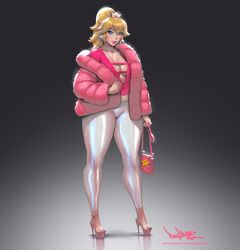 1girls alternate_costume blonde_hair breasts cleavage clothed clothing crown earrings female female_only full_body fully_clothed fur_coat grey_background high_heels looking_at_viewer mario_(series) nintendo pinkdrawz ponytail princess_peach simple_background solo standing thick_thighs tied_hair tight_clothing wide_hips rating:Questionable score:327 user:justausername