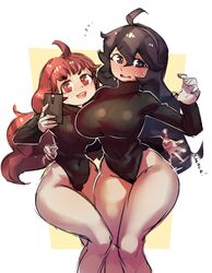 2girls ahoge big_breasts blush bodysuit borvar breasts cleavage eye_contact female female_only half-closed_eyes hex_maniac huge_breasts large_breasts larger_female looking_at_viewer nintendo pokemon pokemon_xy size_difference smaller_female thick_thighs wide_hips rating:Questionable score:139 user:justausername