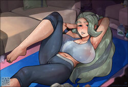 1girls armlet ass asymmetrical_hair bare_calves bare_midriff barefoot belly big_ass big_breasts blue_eyes blush bottle breasts breasts_apart calves cameltoe chubby cleavage exercise eye_contact feet female female_only green_hair green_toenails grey_nails grin hair_over_one_eye half-closed_eyes hands_behind_head huge_breasts human human_only larger_female leggings legs_up long_hair looking_at_viewer melony_(pokemon) midriff milf nail_polish naughty_face navel nintendo nipples_visible_through_clothing no_panties on_back patreon pokemon pokemon_ss qr_code sagging_breasts seductive seductive_smile see-through shirt smile solo sport sports_bra sportswear sweat sweating tank_top teeth text thick_thighs tight_pants toes training url watermark wet wet_clothes wet_shirt wide_hips yellowroom yoga_pants rating:Questionable score:728 user:justausername