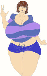 1girls bangs blunt_bangs blush breasts cleavage closed_eyes clothed collarbone cowboy_shot edit female female_only frisk gesture gigantic_breasts human hyper hyper_breasts midriff navel open_smile opqhlak pubic_tattoo short_hair short_shorts shorts simple_background smile solo striped_shirt t-shirt tattoo thick_thighs undertale voluptuous waving white_background wide_hips rating:Questionable score:92 user:epiczombieduck