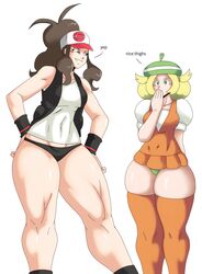 2girls bianca_(pokemon) blonde_hair breasts brown_hair charge_sol game_freak highres hilda_(pokemon) huge_thighs long_hair nintendo panties pokemon pokemon_bw short_hair tagme thick thick_thighs thighhighs thighs rating:Questionable score:42 user:snife