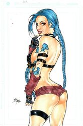 1girls 2019 arm_belt ass black_belt black_bra blue_eyebrows blue_gloves blue_hair bra braid braided_hair breasts brown_eyes cowboy_shot dated ear_stud ear_studs earrings ed_benes_studio erect_nipples erect_nipples_under_clothes female female_ass female_only finger_to_mouth fingerless_gloves gloves hot_pants iago_maia jinx_(league_of_legends) league_of_legends leg_band long_hair looking_at_viewer medium_breasts nipple_bulge nipples pinup purple_lips purple_lipstick purple_makeup purple_nail_polish purple_nails red_shorts red_sleeves short_shorts shorts sideboob signature sleeves solo standing tattoo tattoos thighs tongue tongue_out rating:Questionable score:53 user:JackieEstacadoThrowaway