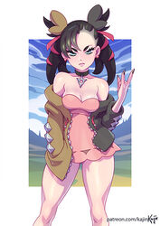 1girls alternate_breast_size alternate_outfit ass bare_shoulders big_ass black_hair black_nails blue_eyes breasts choker cleavage clothed clothes clouds coat cosplay day deviantart dress earrings eye_contact eyelashes female female_only hair_ornament hair_over_one_eye half-closed_eyes human kajinman looking_at_viewer marnie_(pokemon) morpeko morpeko_(cosplay) nail_polish nintendo outdoors patreon pink_dress pokemon pokemon_(cosplay) pokemon_ss pose ribbons sky solo standing text thick_thighs thigh_gap twintails url watermark white_border wide_hips rating:Questionable score:141 user:justausername