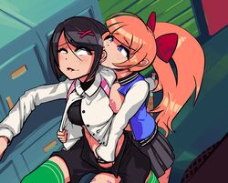 2girls arc_system_works areolae backpack bag black_hair blue_eyes boxman bra breasts clothing duo ear_licking exposed_breasts female female_only hair human jacket kunio-kun kyoko_(kunio-kun) legwear letterman_jacket misako_(kunio-kun) multiple_girls nipples orange_hair outerwear river_city_girls school_uniform uniform varsity_jacket video_games wayforward yuri rating:Explicit score:254 user:EdgySexy