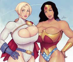 2girls abs breast_press breasts cleavage dc dc_comics devil_hs diana_prince female female_only huge_breasts kara_zor-l karen_starr leotard looking_at_viewer muscles muscular muscular_female naughty_face power_girl seductive seductive_smile smile superman_(series) thick_thighs wide_hips wonder_woman wonder_woman_(series) rating:Questionable score:346 user:justausername