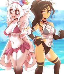 antennae anthro armpits bathing_suit beach bikini blush ear flower_in_hair lepidopteran moth pink_eyes pink_skin raydio red_eyes shaelyn_(raydio) shirt sweat vanessa_(raydio) wasp water wings yellow_skin rating:Questionable score:173 user:Millie♡