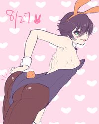 black_hair bulge bunnysuit femboy green_eyes jojo's_bizarre_adventure male_only narancia_ghirga seta_makoto tongue_out vento_aureo rating:Questionable score:83 user:Bakeolm