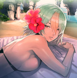 1girls alternate_costume back bangs bare_shoulders beach bikini black_bikini blanket breast_press breasts dark-skinned_female dark_skin day fire_emblem fire_emblem_heroes flower gradient_hair green_hair hair_between_eyes hair_flower hair_ornament hibiscus laegjarn_(fire_emblem) laegjarn_(summer)_(fire_emblem) large_breasts lips looking_at_viewer lying maeshima_shigeki multicolored_hair nintendo ocean on_stomach orange_hair outdoors parted_lips red_eyes short_hair sideboob solo sunbathing swimsuit water rating:Safe score:148 user:V1H7U2