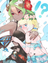 !? 2girls armlet ass assertive assertive_female between_breasts bikini black_swimsuit blonde_hair blue_bikini blue_eyes blue_hair blush breast_press breasts chocolate_and_vanilla cleavage dark_skin earrings face_in_breasts fire_emblem fire_emblem_heroes fjorm_(fire_emblem) fjorm_(summer)_(fire_emblem) flower full-face_blush girlfriends gradient_hair green_hair hair_between_eyes hair_flower hair_ornament head_between_breasts head_wreath hibiscus highres holding_close hug interracial_yuri jewelry laegjarn_(fire_emblem) laegjarn_(summer)_(fire_emblem) large_breasts looking_away looking_to_the_side multicolored_hair multiple_girls nintendo one-piece_swimsuit orange_hair red_eyes red_flower sakuramotikun short_hair sweatdrop swimsuit water weapon white_background yuri rating:Safe score:145 user:V1H7U2