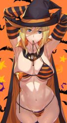 ashiomi_masato blonde_hair blue_eyes breasts cape cowl guilty_gear looking_at_viewer millia_rage smile solo_female striped_bikini striped_gloves thick_thighs underwear undressing witch_hat rating:Explicit score:161 user:LegsAkimbo