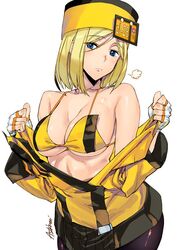 1girls ashiomi_masato bare_shoulders blonde_hair blue_eyes bra cleavage female female_only flashing guilty_gear hat millia_rage short_hair solo rating:Questionable score:143 user:LegsAkimbo