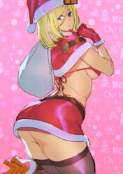 ashiomi_masato bare_ass bikini_top blonde_hair blue_eyes christmas guilty_gear looking_back millia_rage santa_costume sideboob smile stockings thick_thighs rating:Safe score:115 user:LegsAkimbo