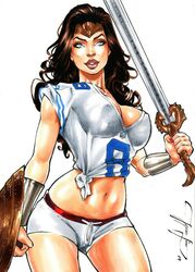 1girls 2019 alternate_costume big_breasts blue_eyes bracers breasts brown_hair busty cleavage dated dc_comics dc_extended_universe diana_prince ed_benes_studio eyeshadow female female_only football_(american) holding_shield holding_sword holding_weapon hot_pants jeferson_lima large_breasts lipstick makeup mascara nfl nipple_bulge pinup pokies purple_lips purple_lipstick shield shirt short_shirt short_shorts shorts signature smile solo sports standing superheroine sword thighs tiara weapon white_shirt wonder_woman wonder_woman_(series) rating:Explicit score:40 user:JackieEstacadoThrowaway