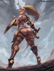 bikini_armor blonde_hair blue_eyes cutesexyrobutts female_warrior horny huge_ass long_hair looking_at_viewer muscular_female naughty_face only_female original outdoor seductive shield sideboob sword thick_thighs thong rating:Questionable score:203 user:MisterDick8899