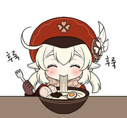  appletea blonde_hair bowl cabbie_hat char-siu chibi closed_eyes clover_print eating egg female food fork genshin_impact gloves happy hat holding holding_fork klee_(genshin_impact) lolicon noodles pointy_ears ramen simple_background single_hair_intake solo upper_body white_background  rating:questionable score: user:bot