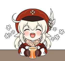  appletea blonde_hair blush brown_gloves cabbie_hat chibi closed_eyes clover_print feathers female genshin_impact gloves happy hat holding juice klee_(genshin_impact) lolicon open_mouth orange_juice pointy_ears simple_background single_hair_intake solo teeth upper_body upper_teeth_only white_background  rating:questionable score: user:bot