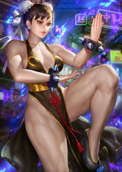 absurd_res alternate_costume breasts capcom china_dress chun-li cleavage female female_only highres large_breasts muscle muscular_female neoartcore paid_reward patreon_reward solo street_fighter street_fighter_ii thick_thighs rating:Questionable score:117 user:gougetsu00