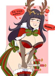 1girls ass big_breasts blush bowtie bra breasts candelabra candle candles christmas cleavage dialogue elbow_gloves english_text female fire_emblem fire_emblem_awakening fire_emblem_heroes fur_trim hair_ornament half-closed_eyes hands_together holding_object jinu large_breasts leaning_forward long_hair looking_at_viewer navel open_mouth panties purple_eyes purple_hair reindeer_antlers santa_costume stockings teeth text tharja_(fire_emblem) tharja_(winter)_(fire_emblem) thighs rating:Questionable score:199 user:FLBPfan