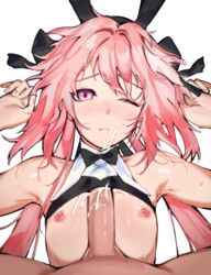 2boys absurdres animal_ears astolfo_(fate) astolfo_(saber)_(fate) black_bow black_neckwear black_shirt blush bow bowtie bunny_ears crop_top crop_top_lift cum cum_in_clothes cum_on_body cum_on_upper_body erection facial fate/apocrypha fate/grand_order fate_(series) femboy hair_intakes hairbow hands_up highres long_hair looking_at_viewer lying male_focus male_nipples messy_hair multicolored_hair multiple_boys naizuri nipples on_back one_eye_closed paid_reward patreon_reward penis pink_hair pov pov_eye_contact roropull shirt simple_background streaked_hair sweat testicles trap twintails uncensored white_background white_hair yaoi rating:Explicit score:588 user:bot